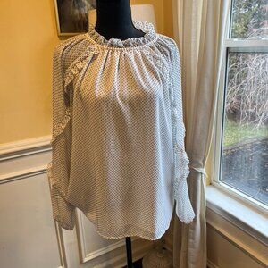 LOFT White Black Polka Dot Ruffle Neck Blouse Size L NWT Romantic Top